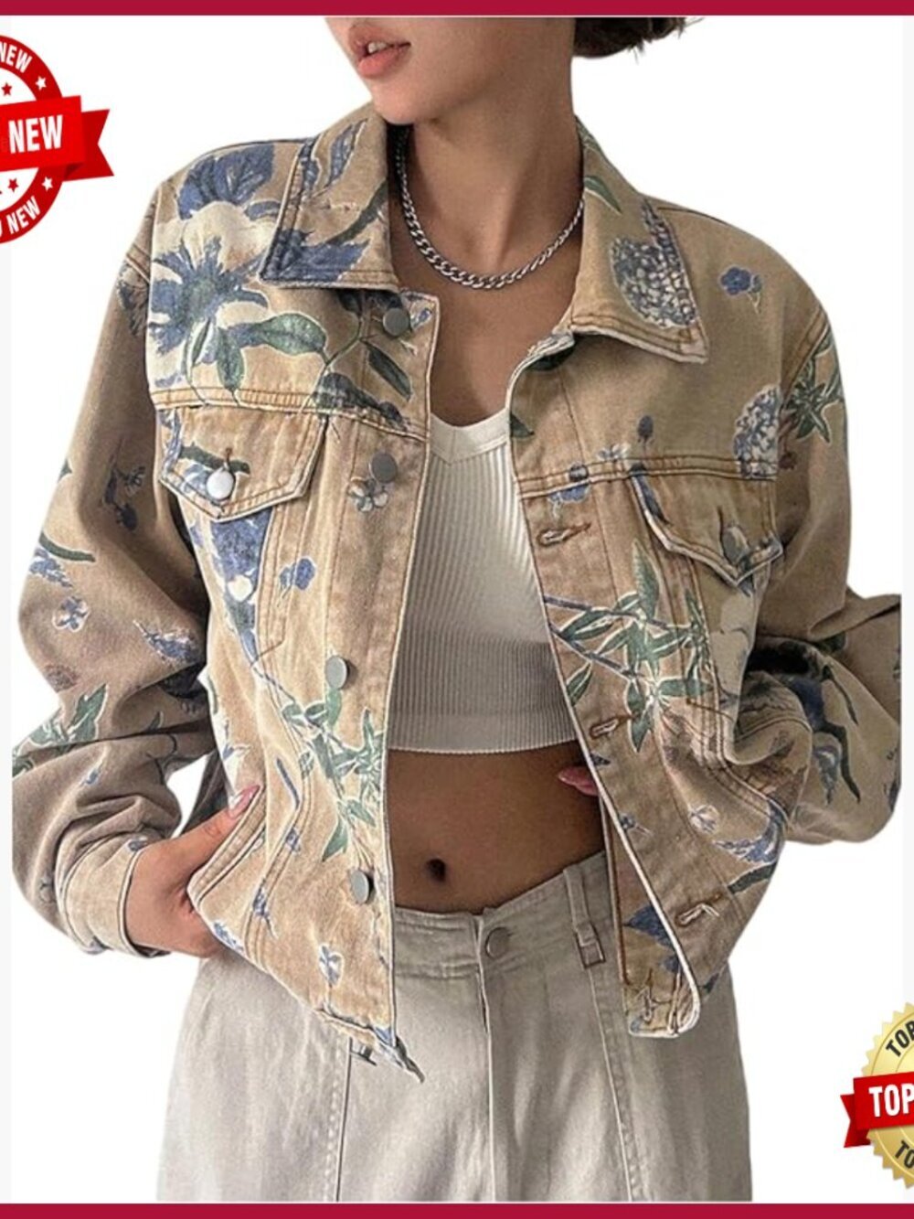 Floral Print Denim Jacket Long Sleeve Button Down Regular Fit